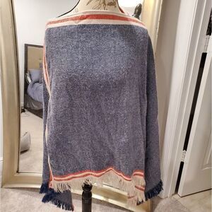Great cream, red and blue shawl with fringe edges